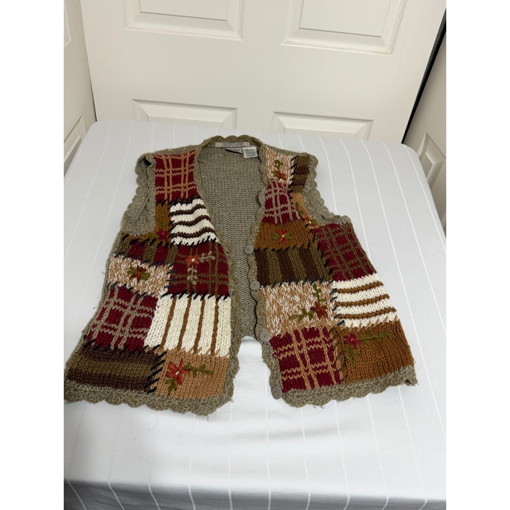 Vintage Huntington Ridge Hand Knitted Patchwork Floral Sweater Vest Olive Large